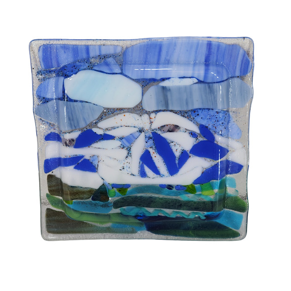 Fused Glass Plate Square 7.5x7.5" Mountain‎ Lake Trees Clouds Blue Green White - Picture 6 of 10